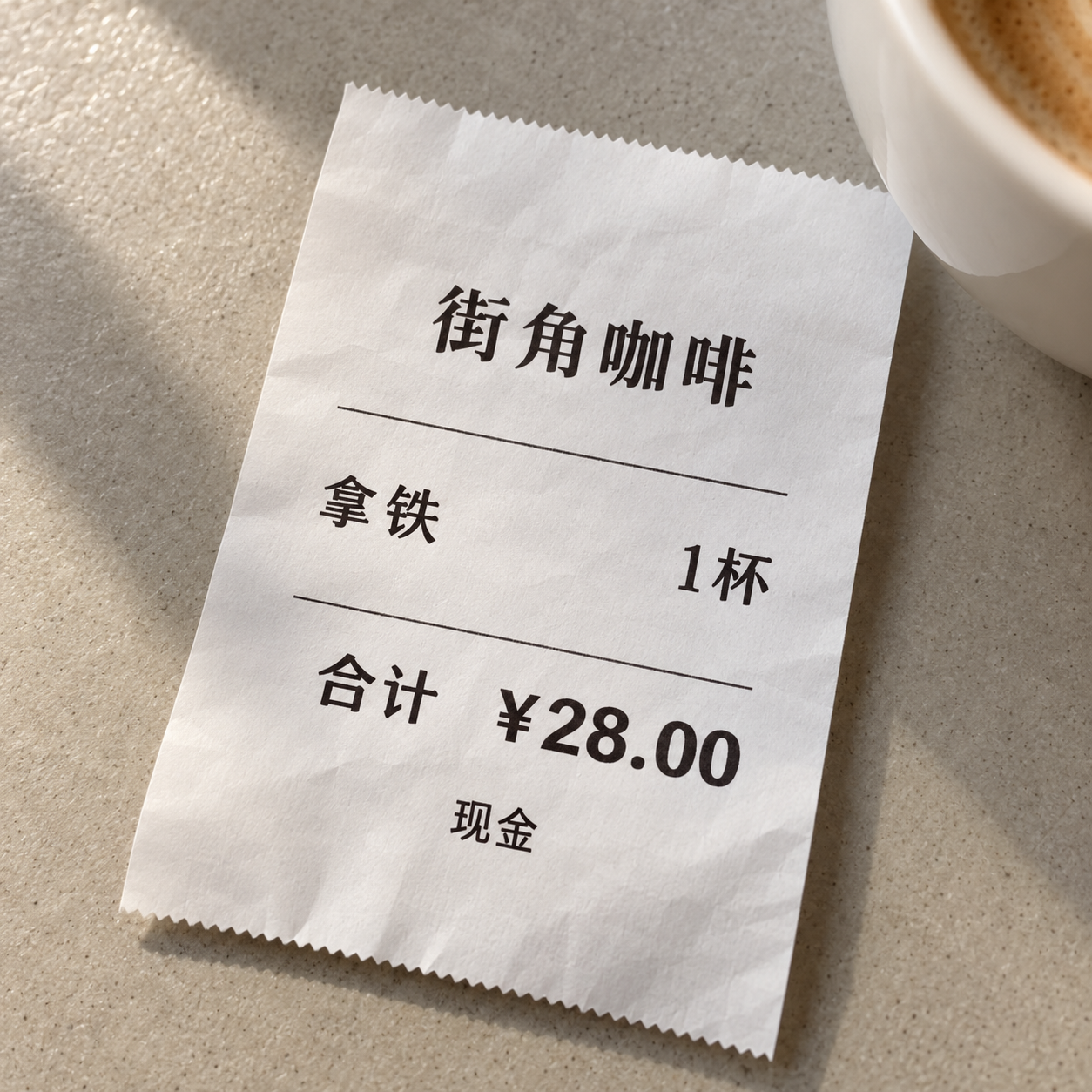 街角咖啡小票，拿铁一杯，现金支付28元